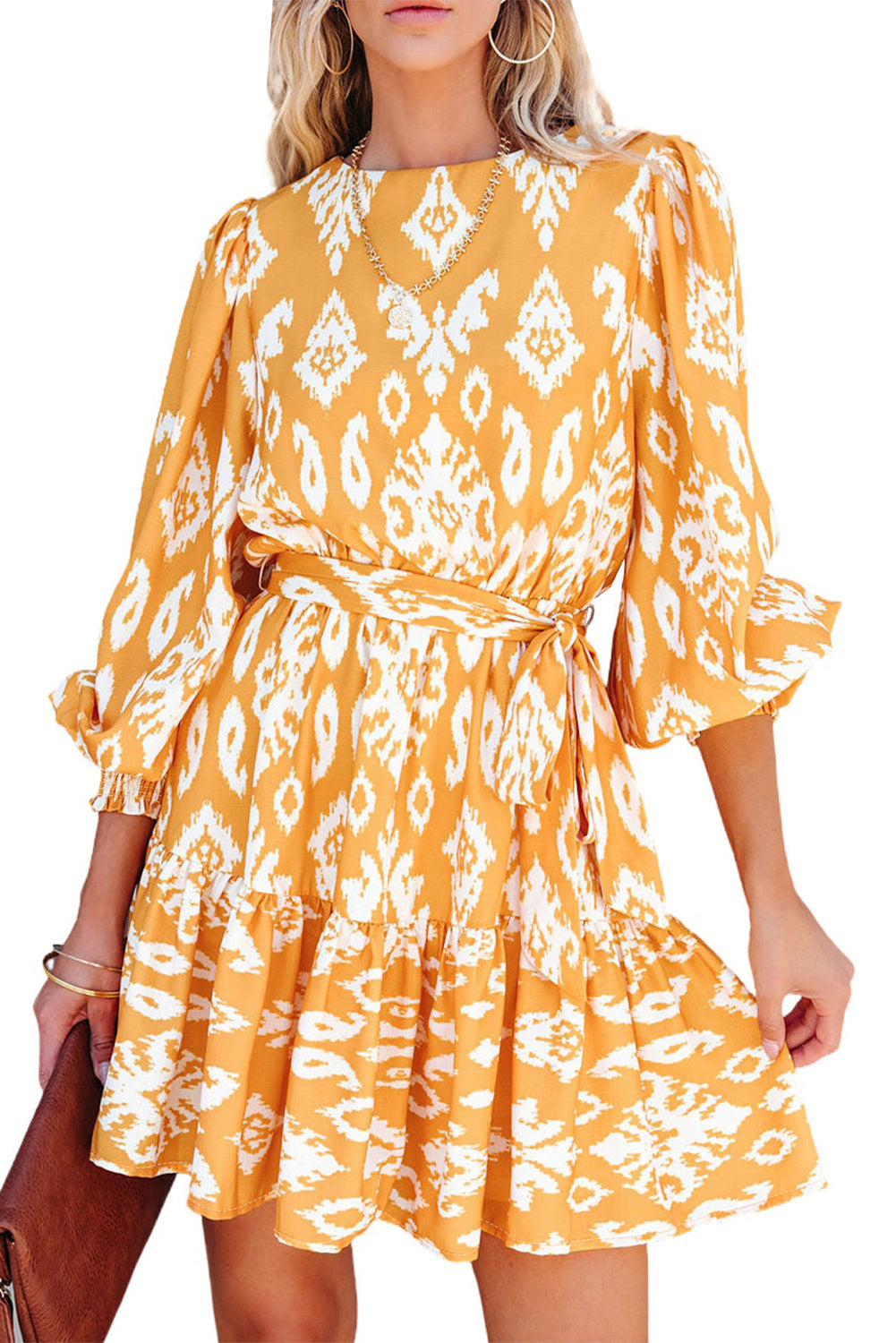 Yellow Ethnic Vibe Printed Sash Mini Dress