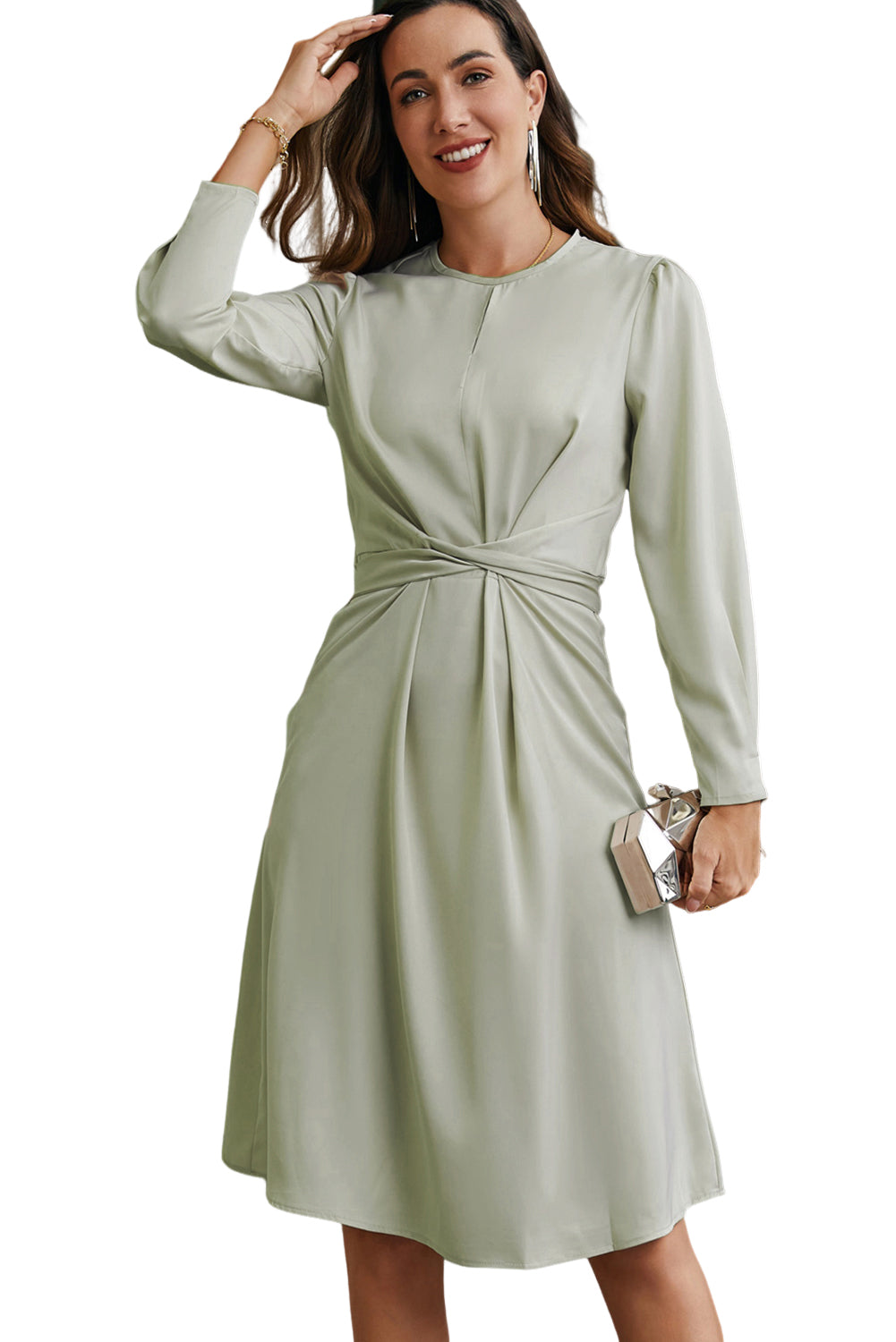 Green Twist Front Tie Back Long Sleeve Satin Dress