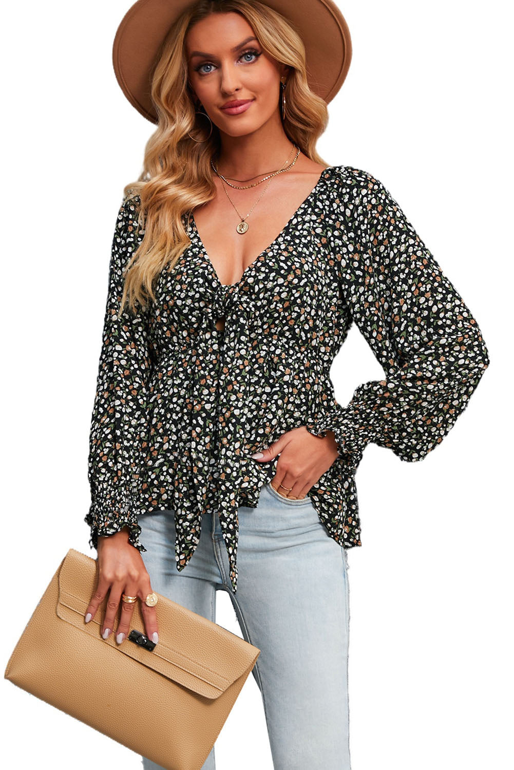 Black Floral Print Front Tie Ruffled Long Sleeve Blouse