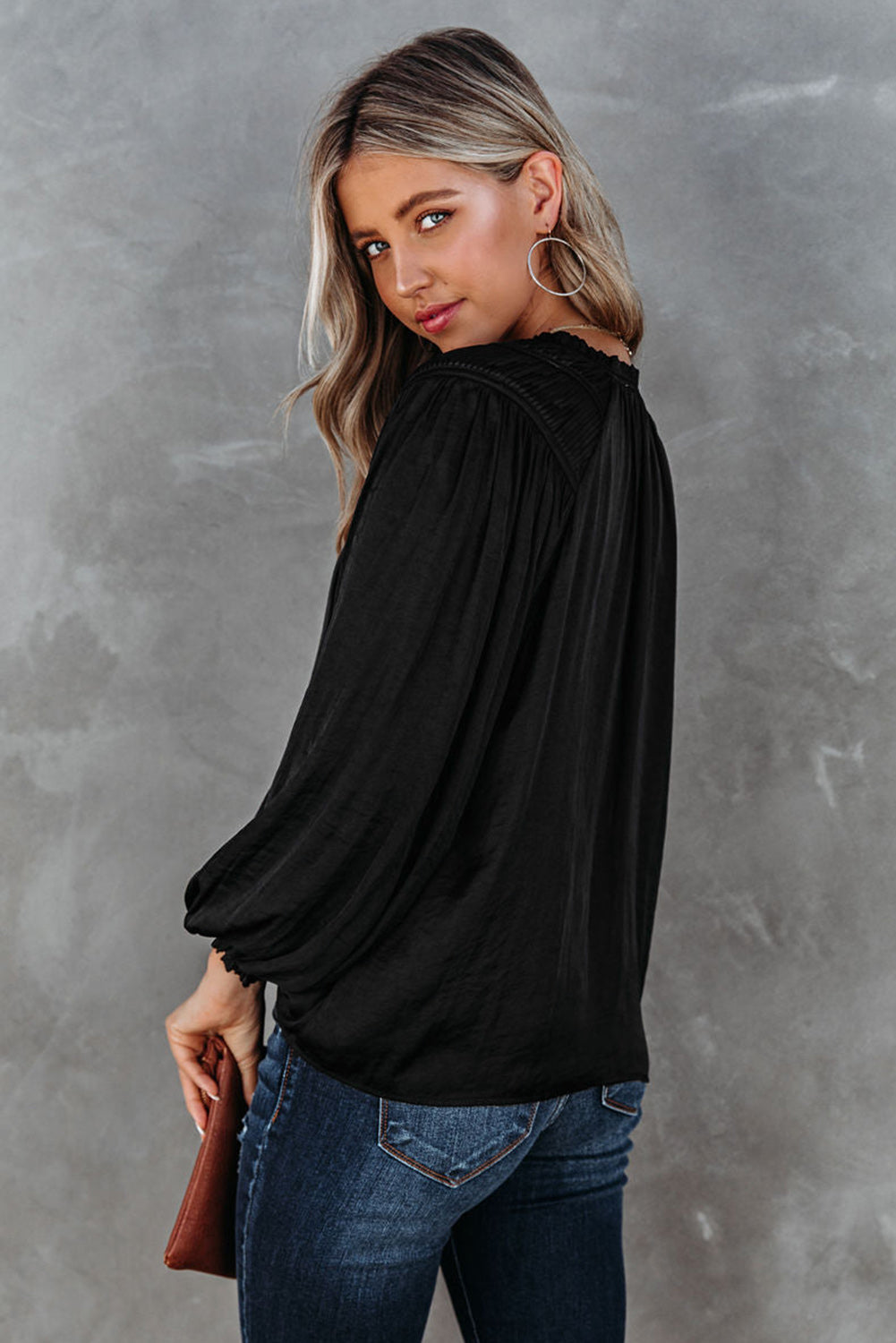 Black Pleated Balloon Sleeve Drawstring V-Neck Blouse