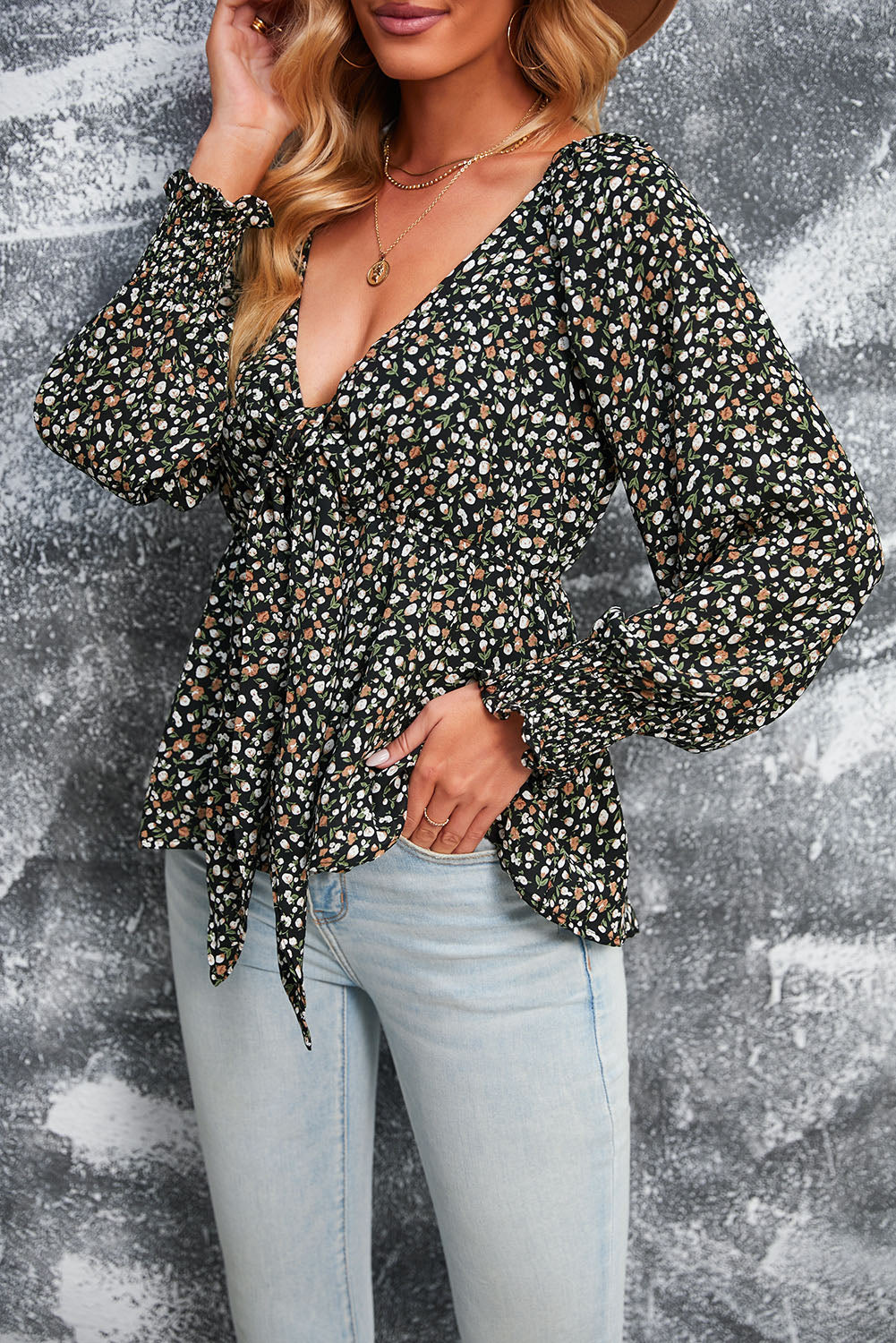 Black Floral Print Front Tie Ruffled Long Sleeve Blouse