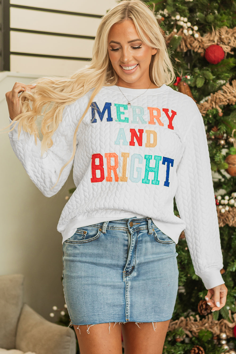 Bright White Merry And Bright Cable Knit Pullover Sweatshirt