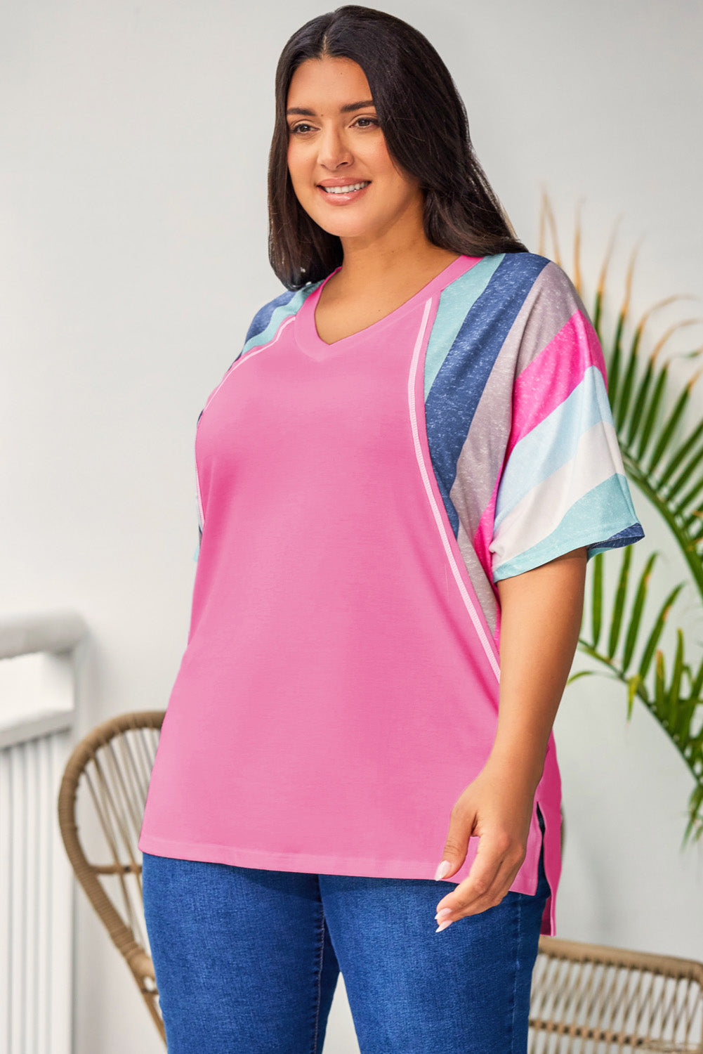 Pink Striped Patchwork Short Sleeve V Neck Plus Size T-Shirt