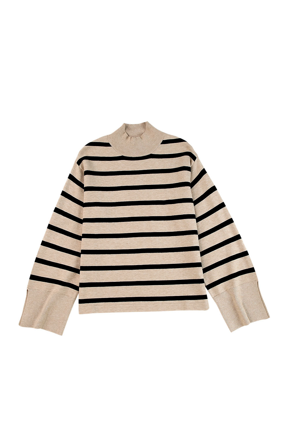 Khaki Striped Mock Neck Bell Sleeve Knit Sweater