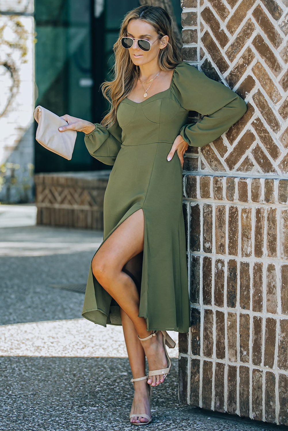 Green Square Neck Bishop Sleeves Shirred Midi Dress with Slit