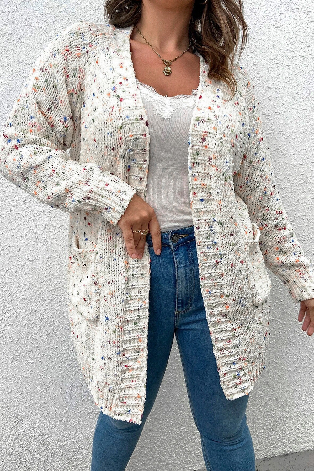 White Rainbow Popcorn Speckles Open Front Cardigan