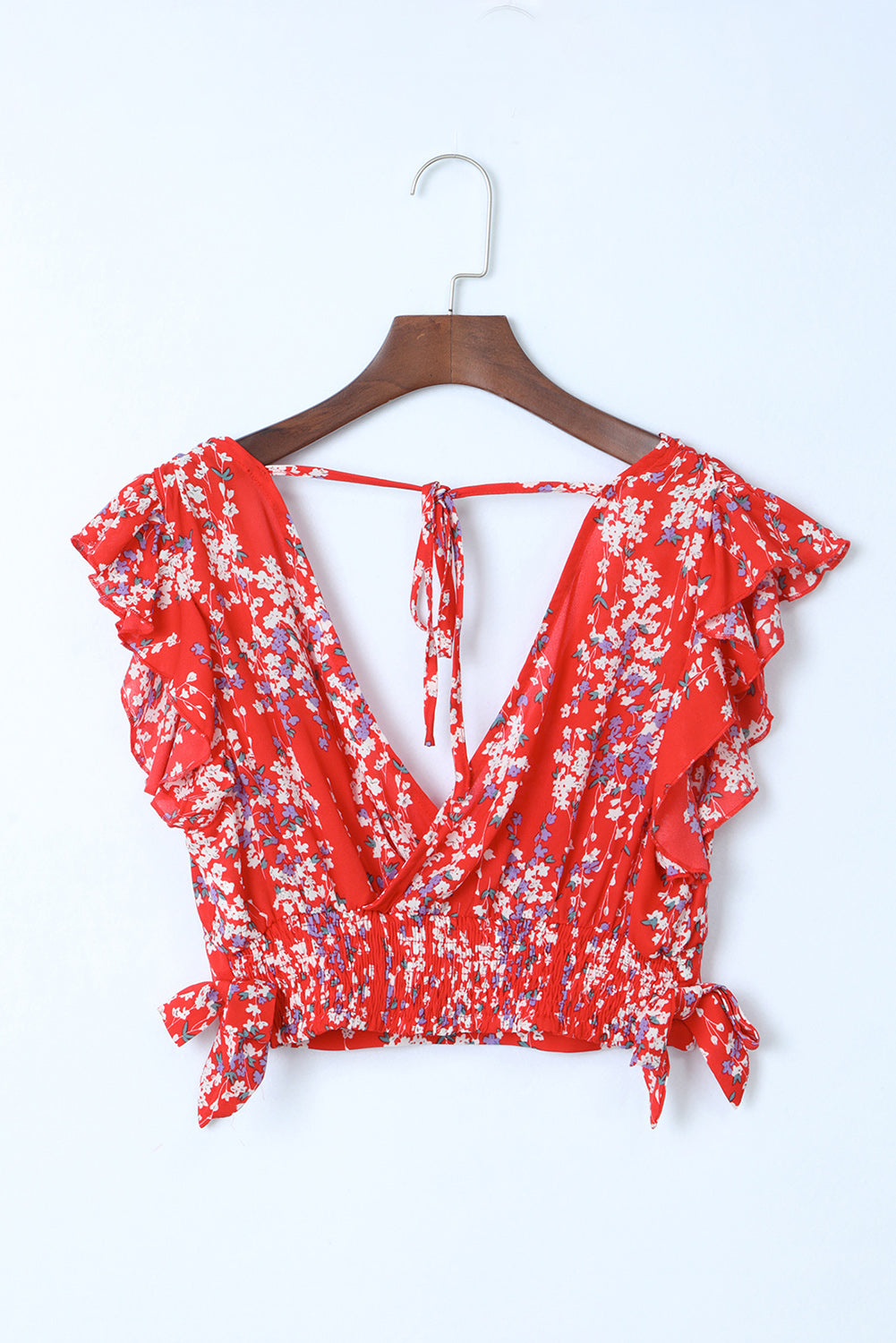 Red Multicolor Floral Ruffled Crop Top and Maxi Skirt Set