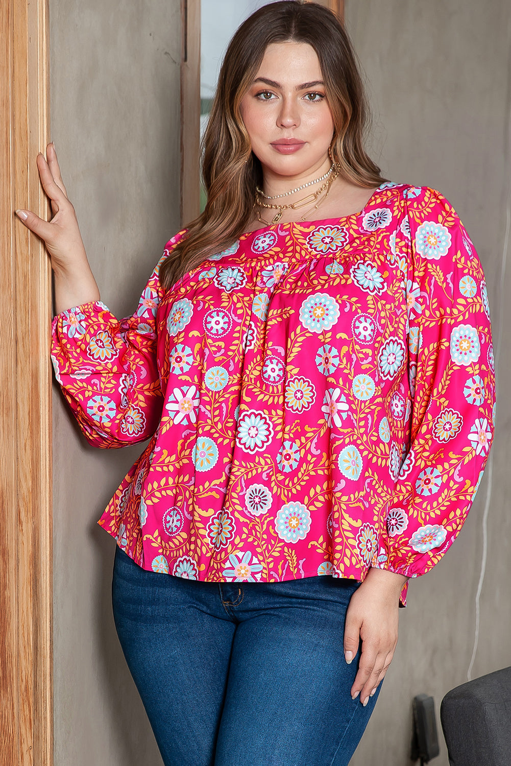 Pink Plus Size Square Neck Floral Blouse