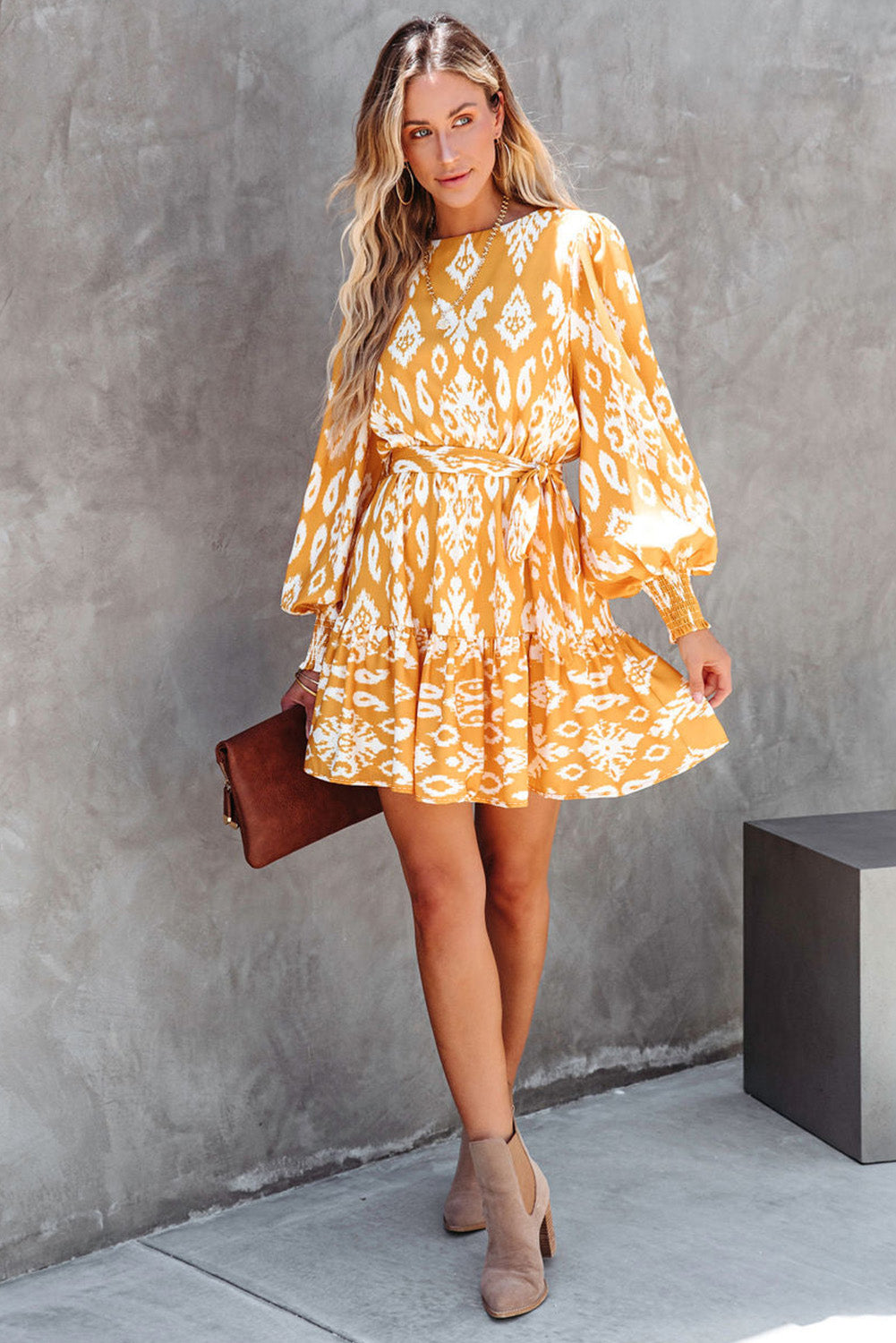 Yellow Ethnic Vibe Printed Sash Mini Dress