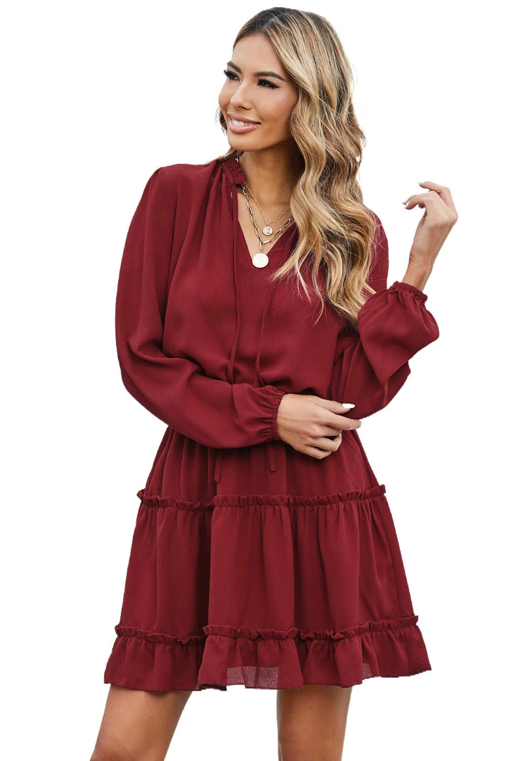 V Neck Long Sleeve Ruffle Tiered Mini Dress