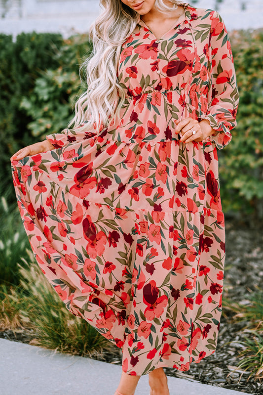 Red Frilled Collar Long Sleeve Tiered Maxi Floral Dress