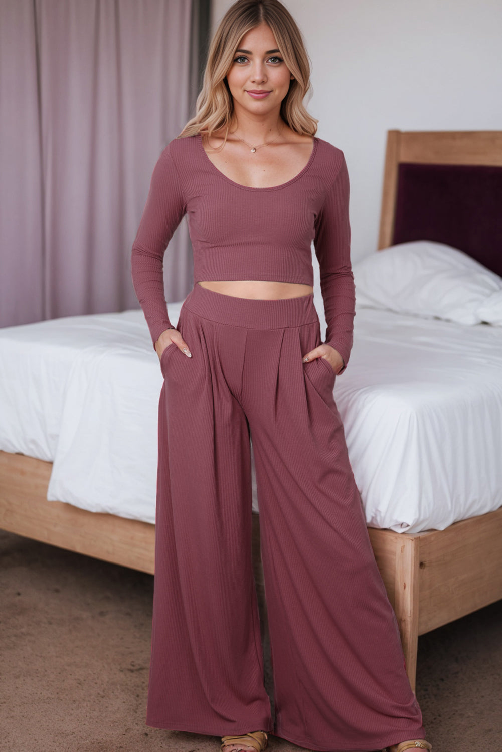 Solid Color Ribbed Crop Top Long Pants Set