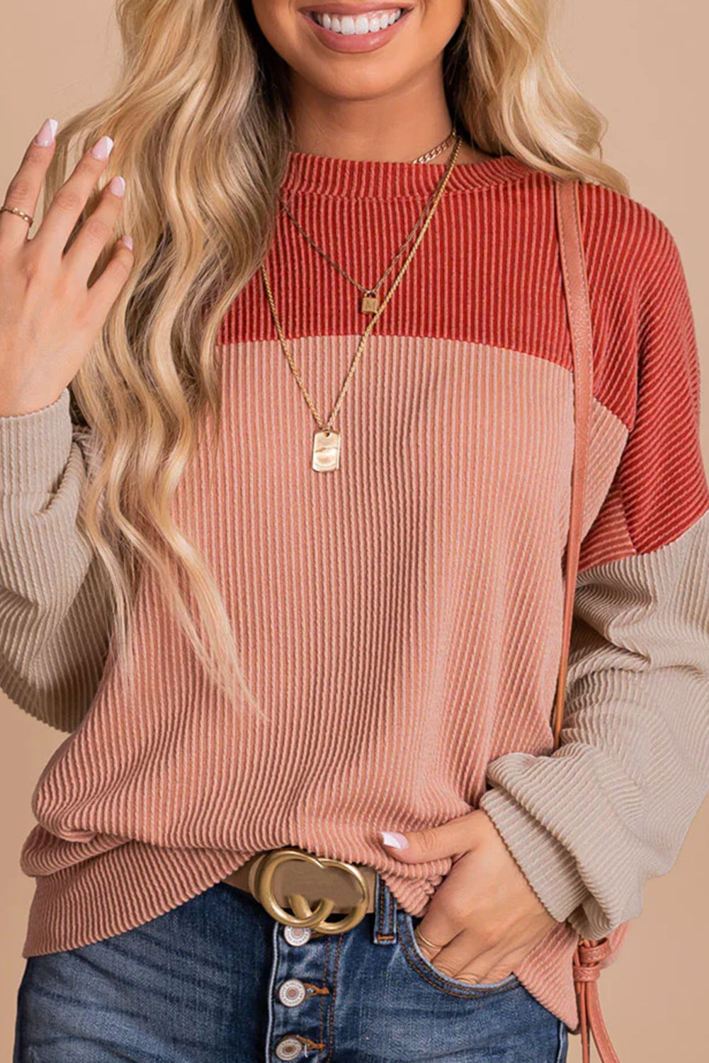 Red Color Block Long Sleeve Ribbed Loose Top