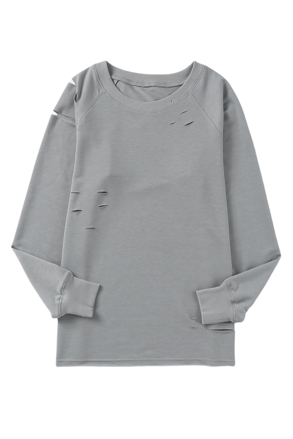 Gray Ribbed Trim Distressed Pullover Top