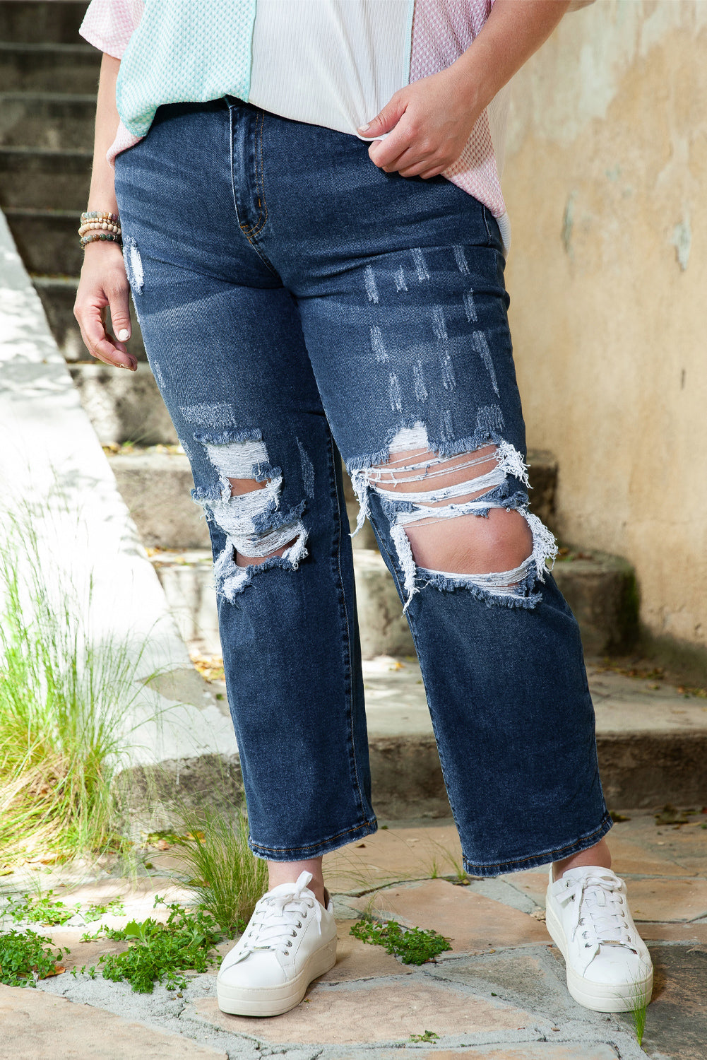 Blue High Waist Distressed Plus Size Jeans