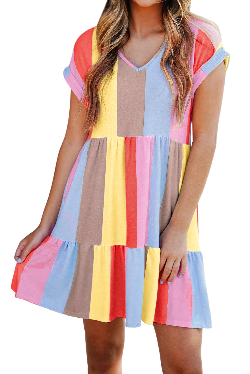 Red Multicolor Striped Color Block Tiered Mini Dress