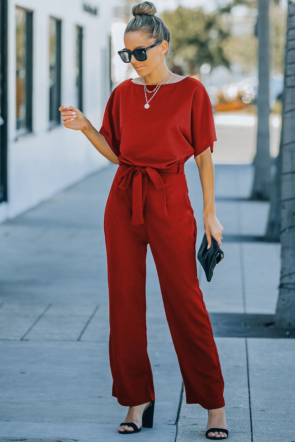 Red Belted Wide Leg Jumpsuit