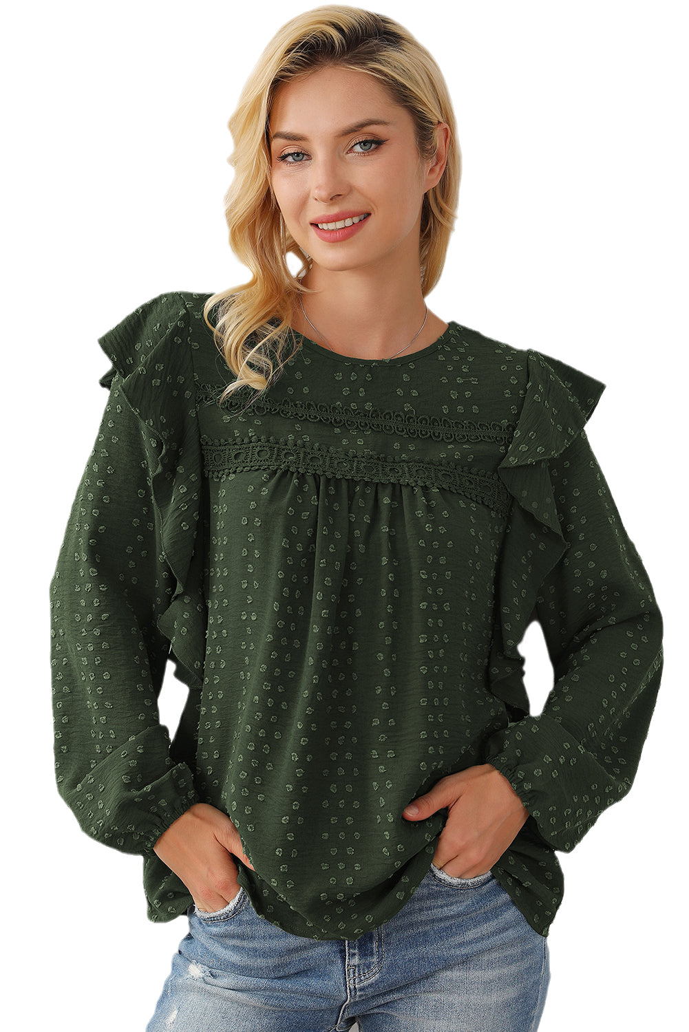 Blackish Green Lace Eyelet Ruffle Shoulder Long Sleeve Blouse