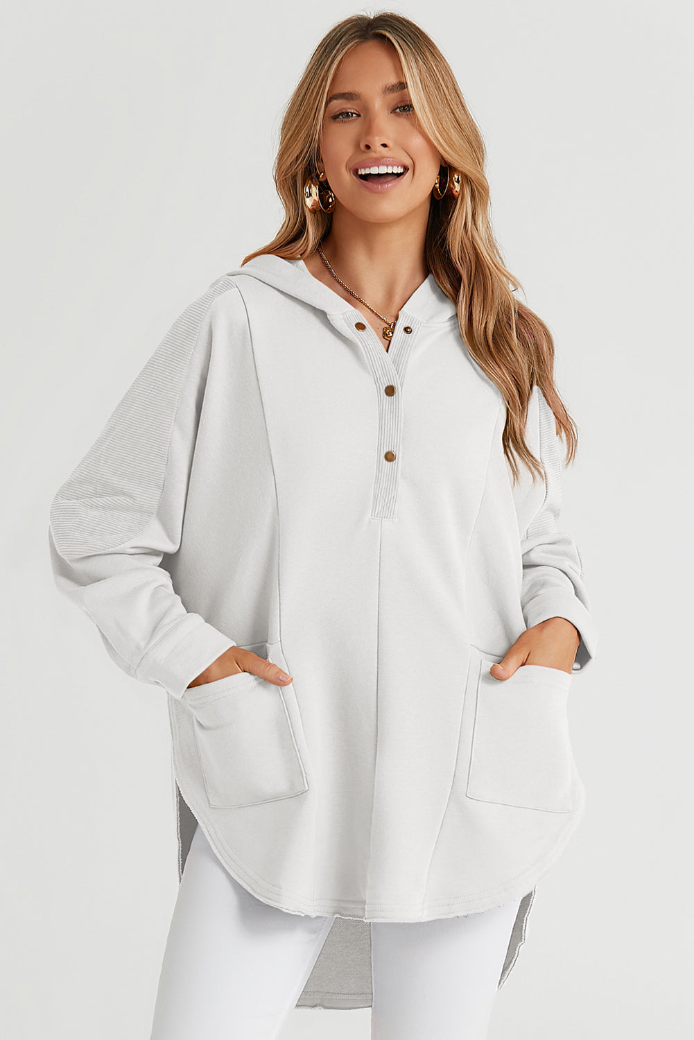 White Patchwork Side Pockets Oversized Henley Hoodie