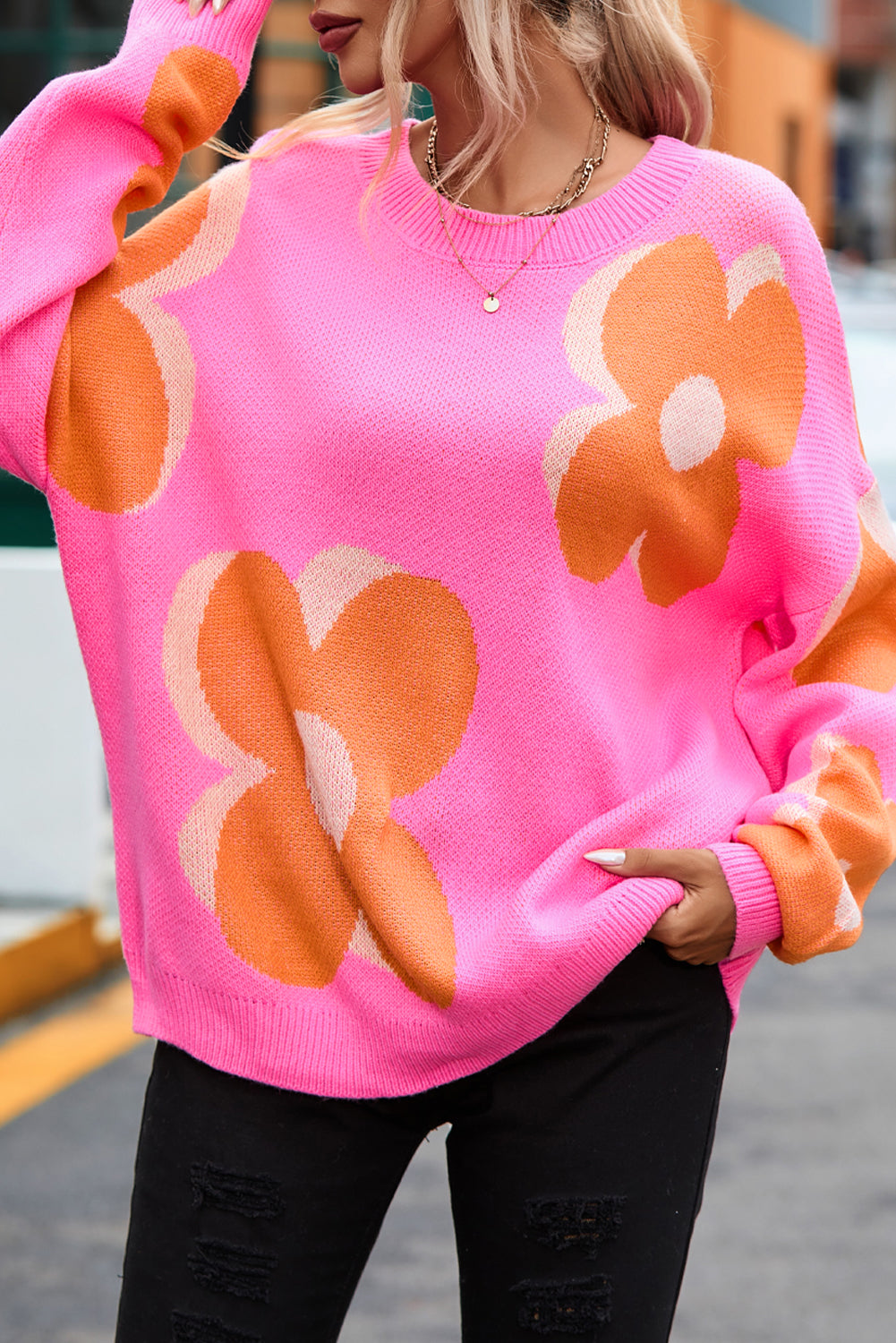 Flower Pattern Slouchy Sweater