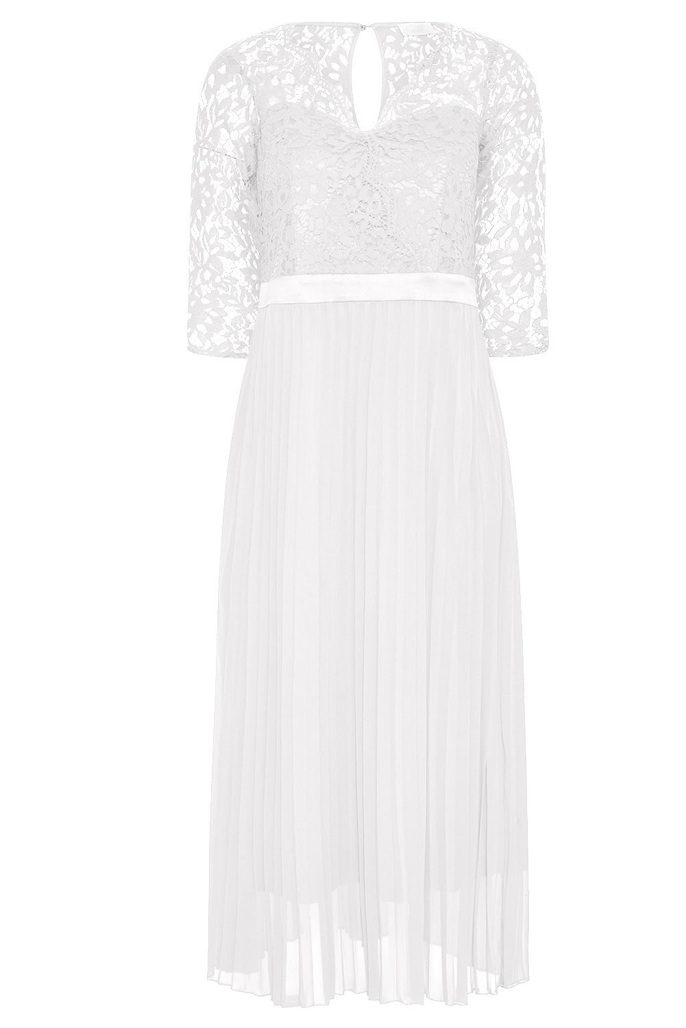 White Lace Scalloped V Neck 3/4 Sleeves Pleated Tulle Plus Maxi Dress