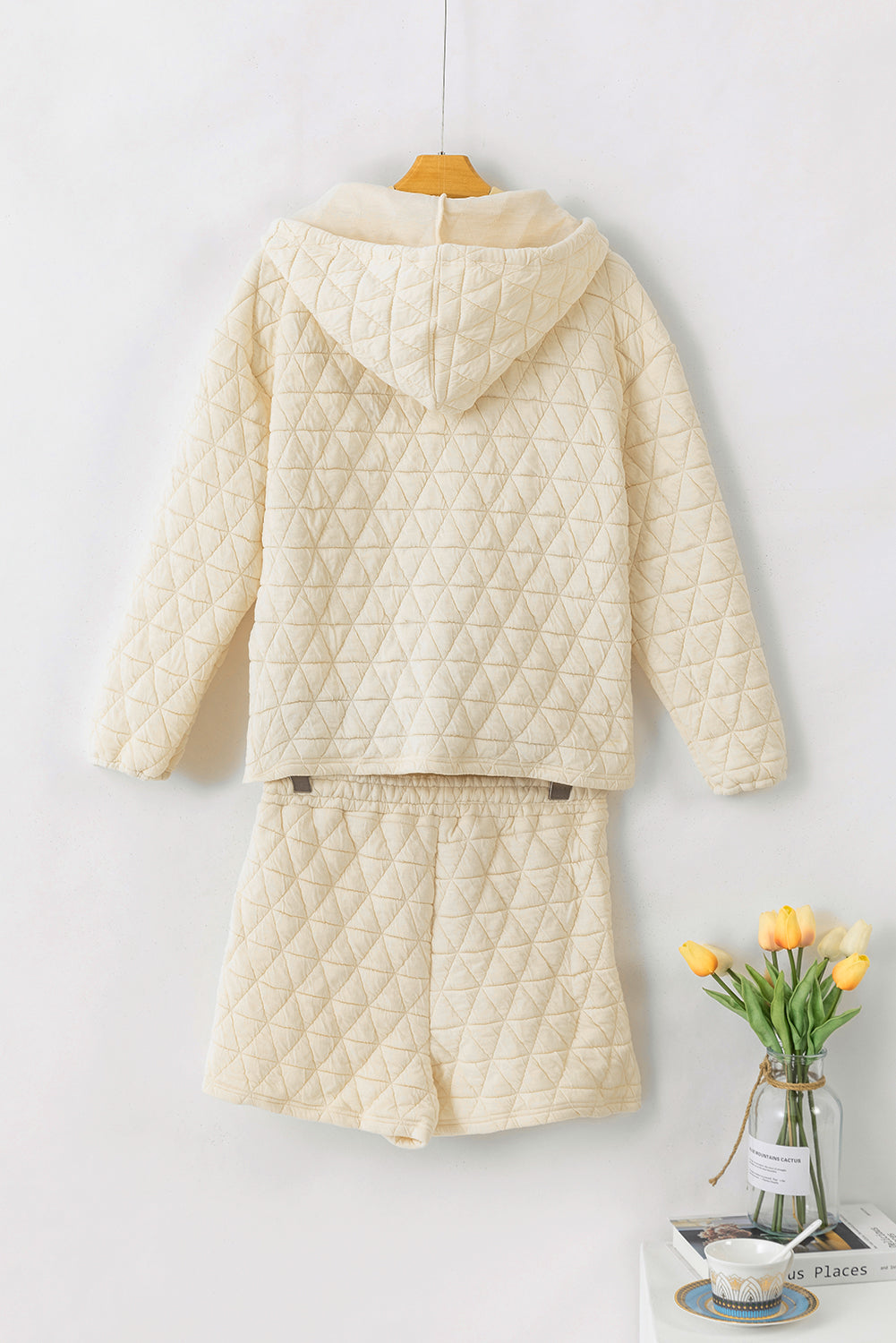 Beige Quilted V Neck Hoodie Drawstring Shorts Set