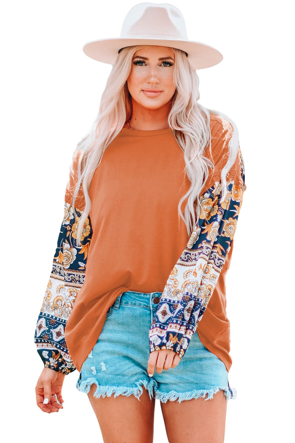 Brown Boho Floral Print Balloon Sleeve Top with Lace Details