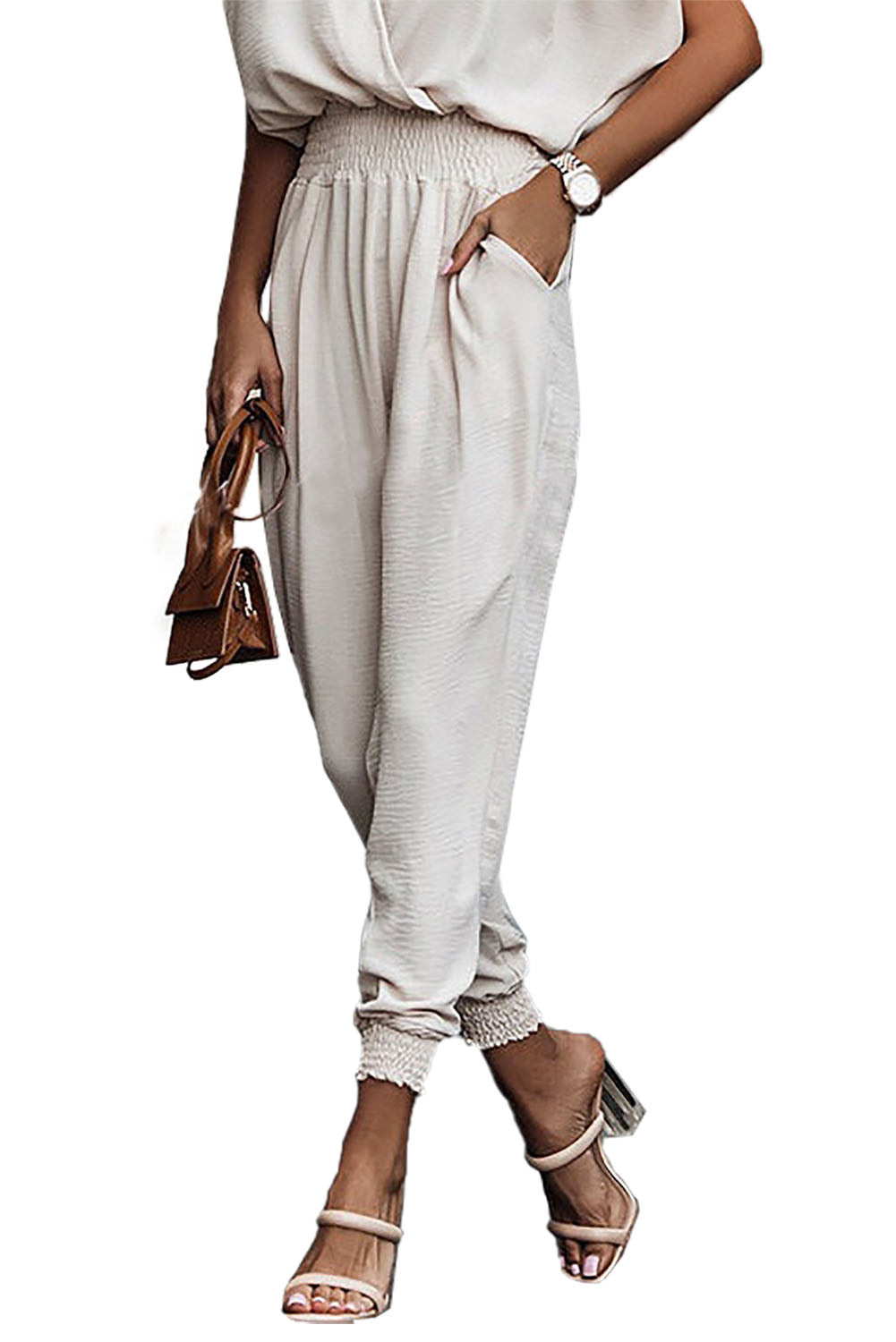 Apricot Linen Shirred High Waist Pocket Jogger Pants