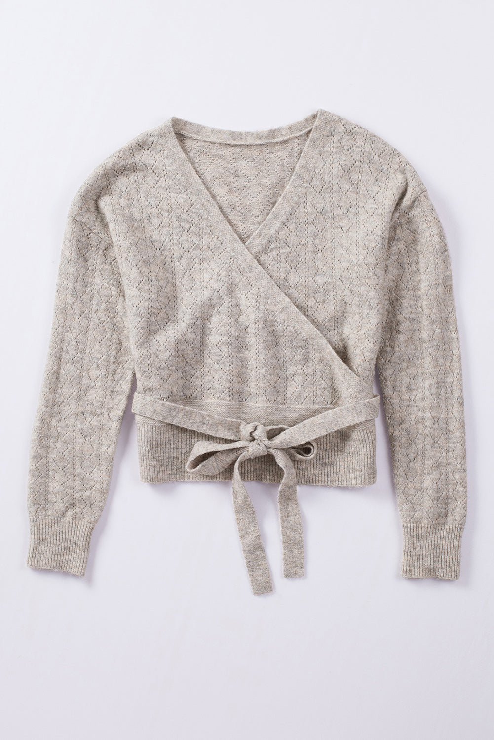 Khaki Wrap V Neck Back Tie Knit Sweater