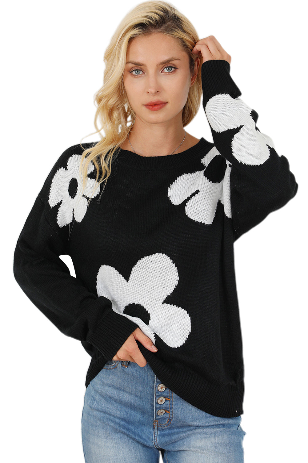 Black Big Flower Pattern Knit Sweater