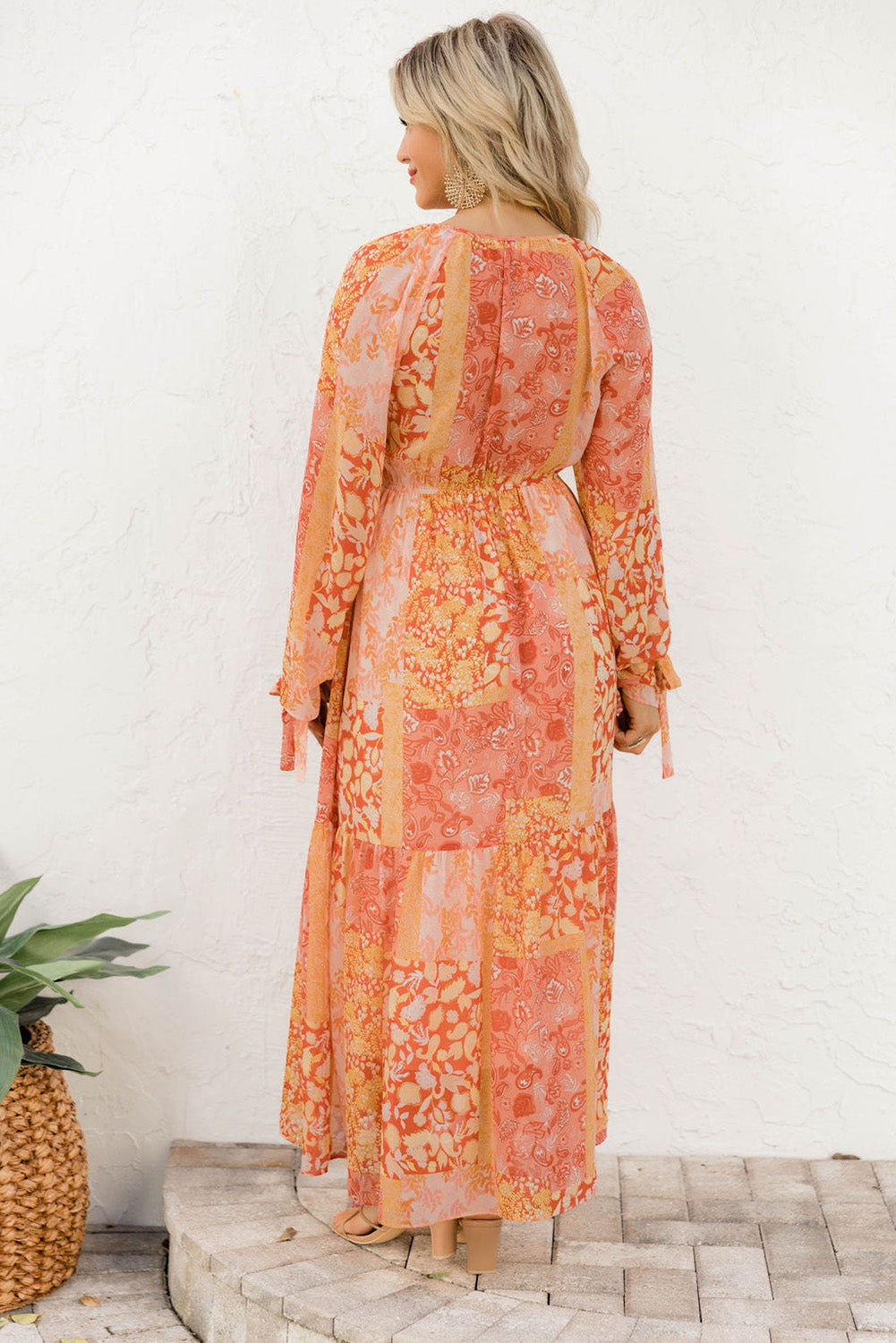 Orange Boho Floral Wrap V Neck Tie Long Sleeve Dress