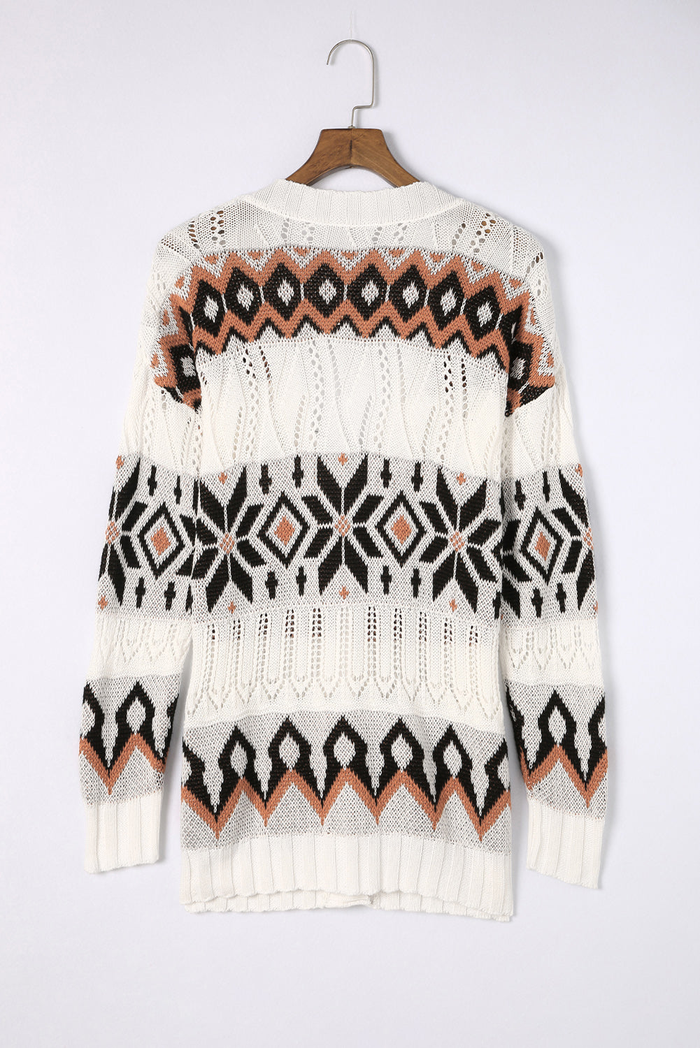 White Tribal Pattern Hollowed Knit Long Cardigan