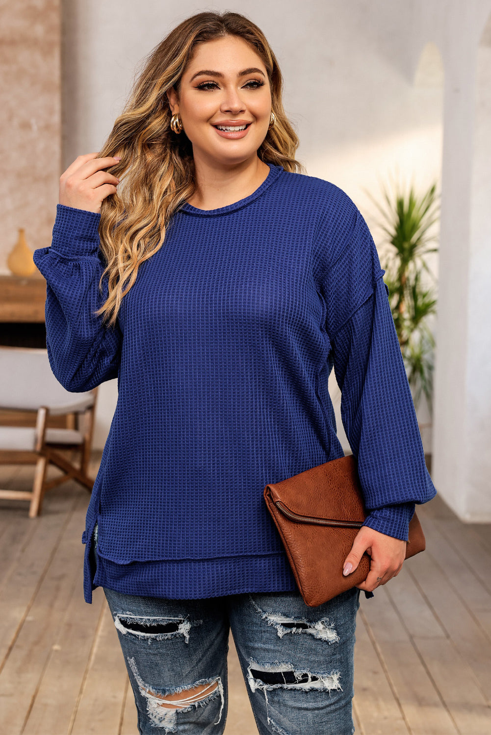 Blue Plus Size Waffle Knit Oversized Exposed Seam Top