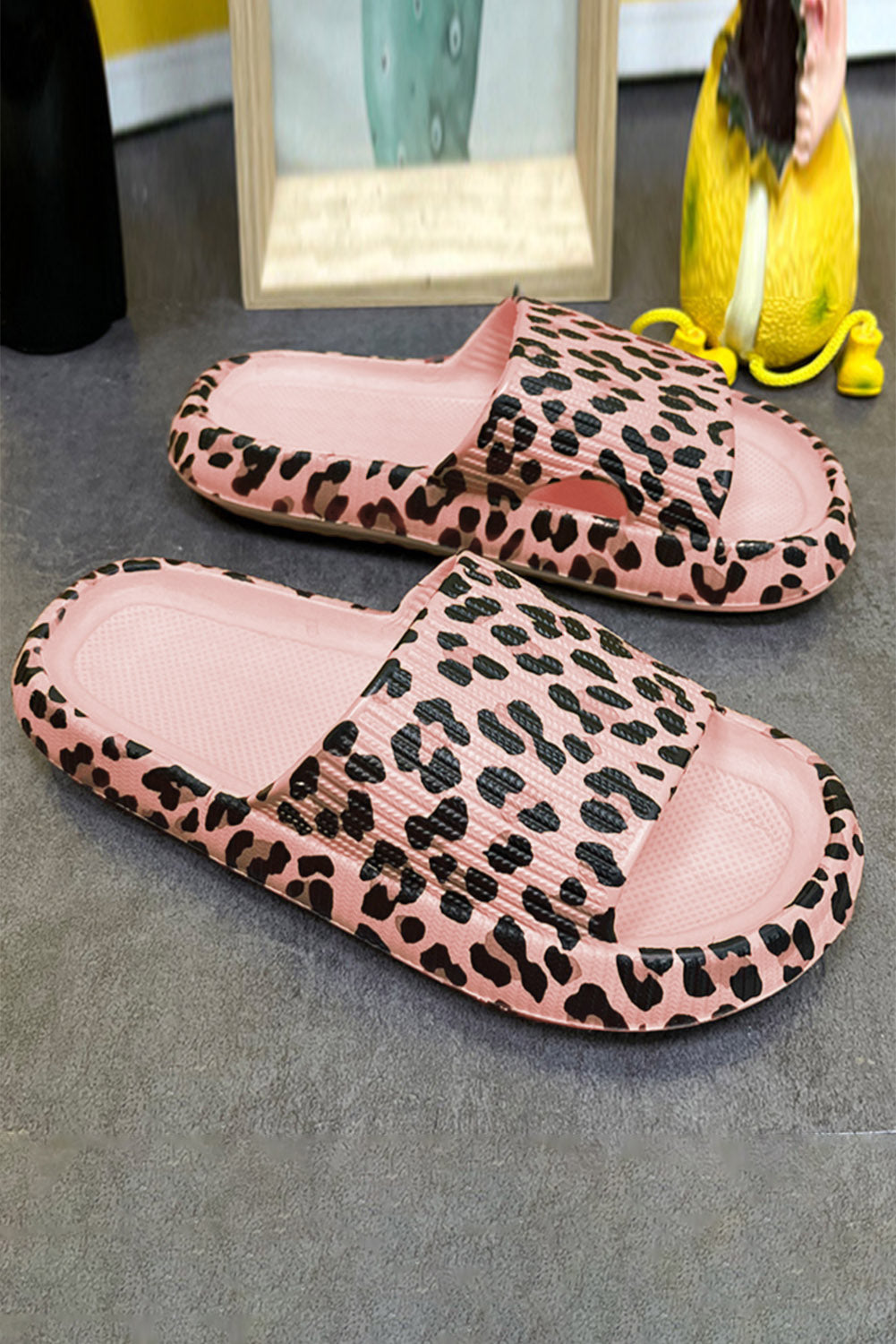 Pink Leopard Print Thick Sole Slip On Slippers