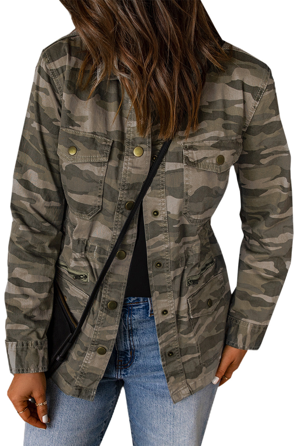 Green Camo Print Multi Pockets Button-up Jacket