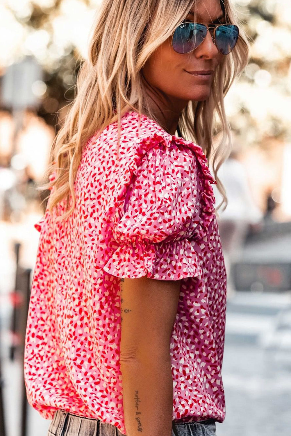 Pink Abstract Print Buttoned Ruffle Sleeve Shirt