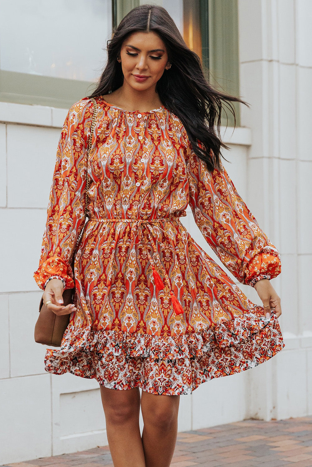 Orange Western Pattern Print Lantern Sleeve Drawstring Mini Dress