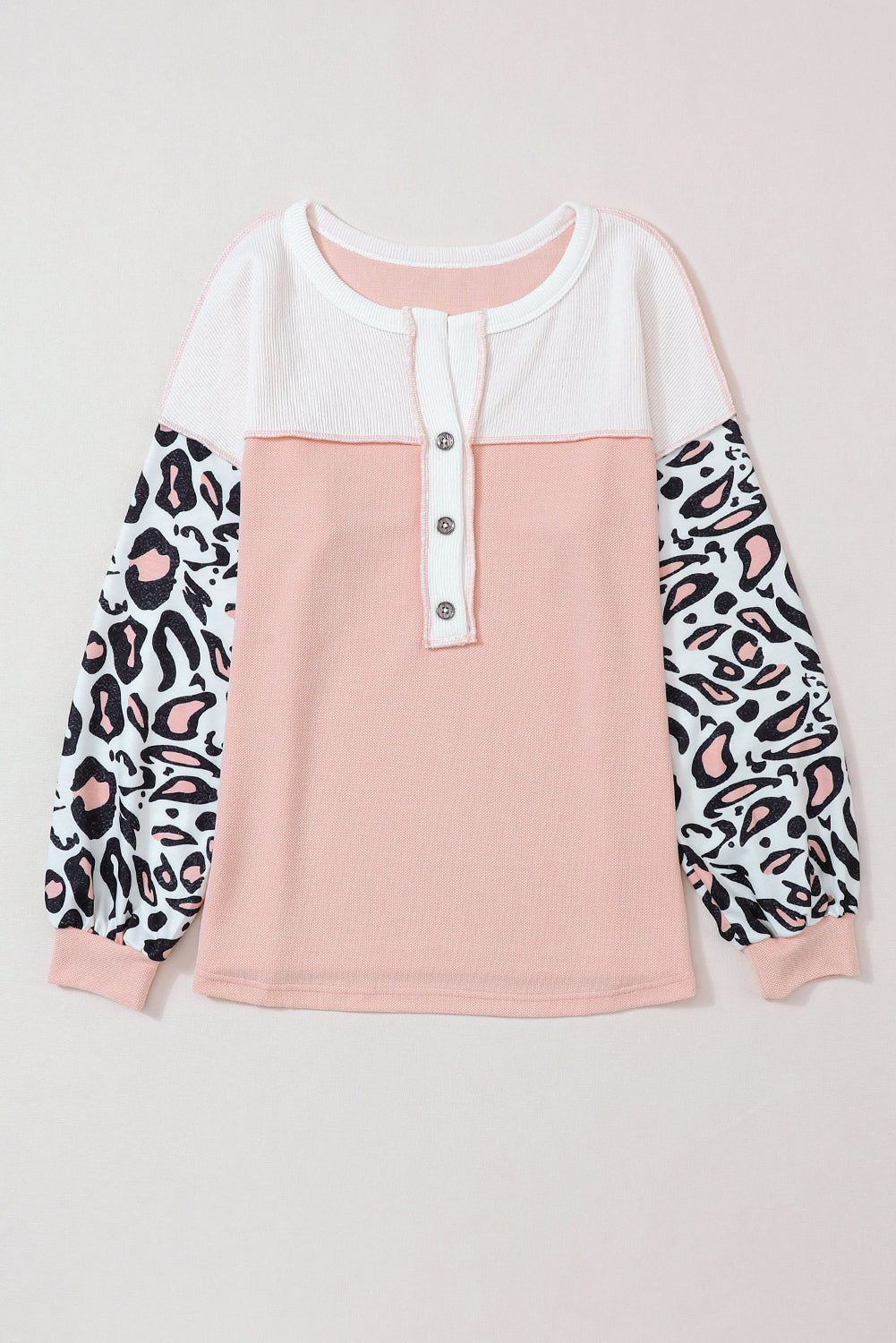 Pink Leopard Sleeve Patchwork Waffle Knit Top