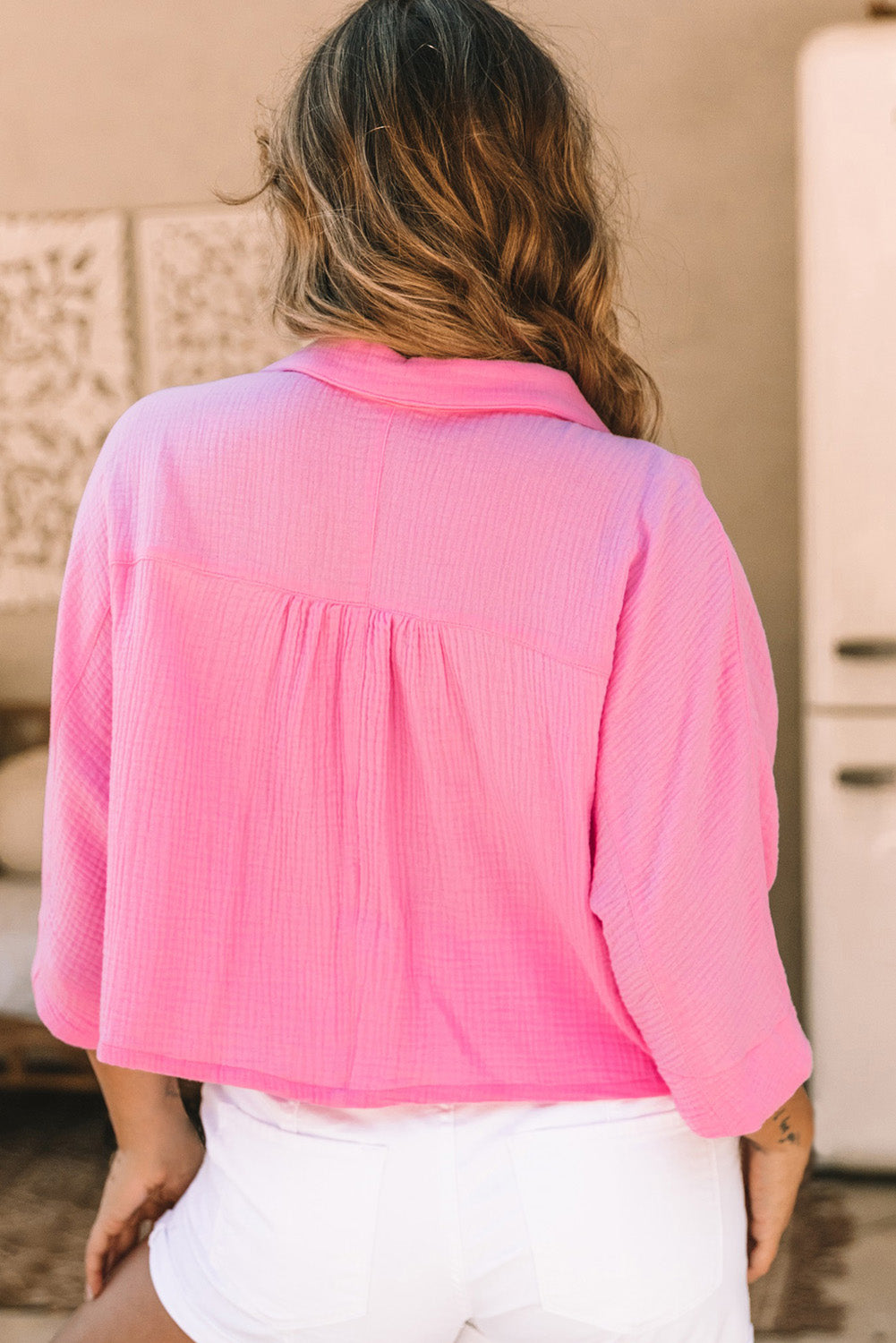 Pink Half Sleeves Crinkled Cropped Shirt