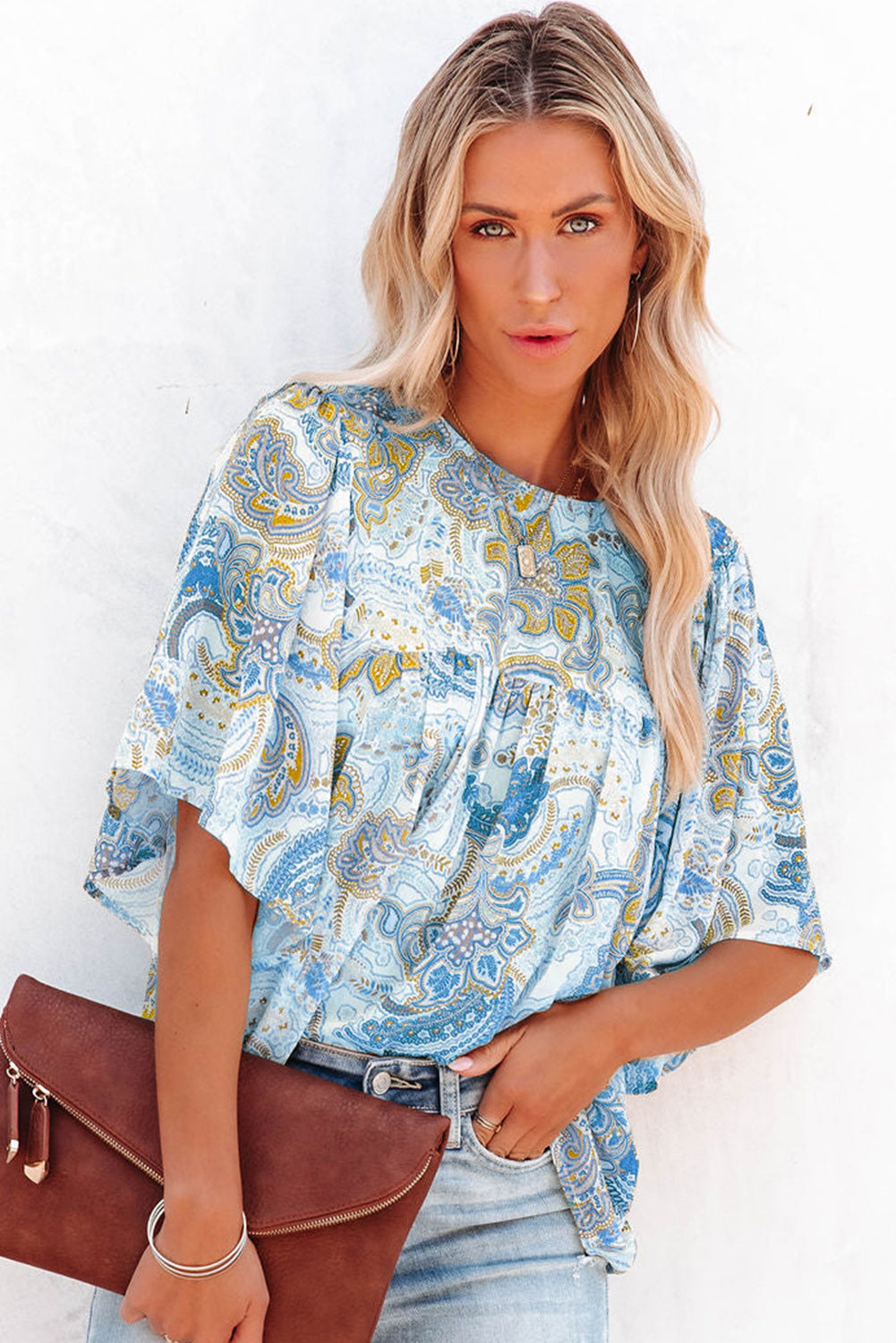 Sky Blue Paisley Print Wide Sleeves Loose Blouse