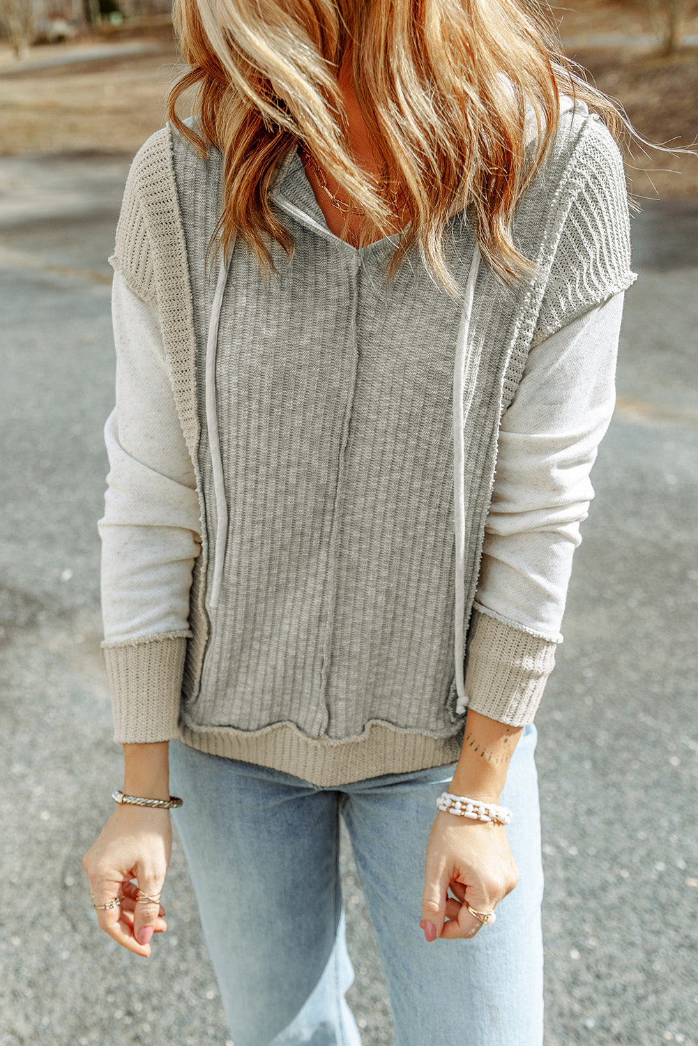 Gray Long Sleeve Textured Knit Patchwork Hoodie