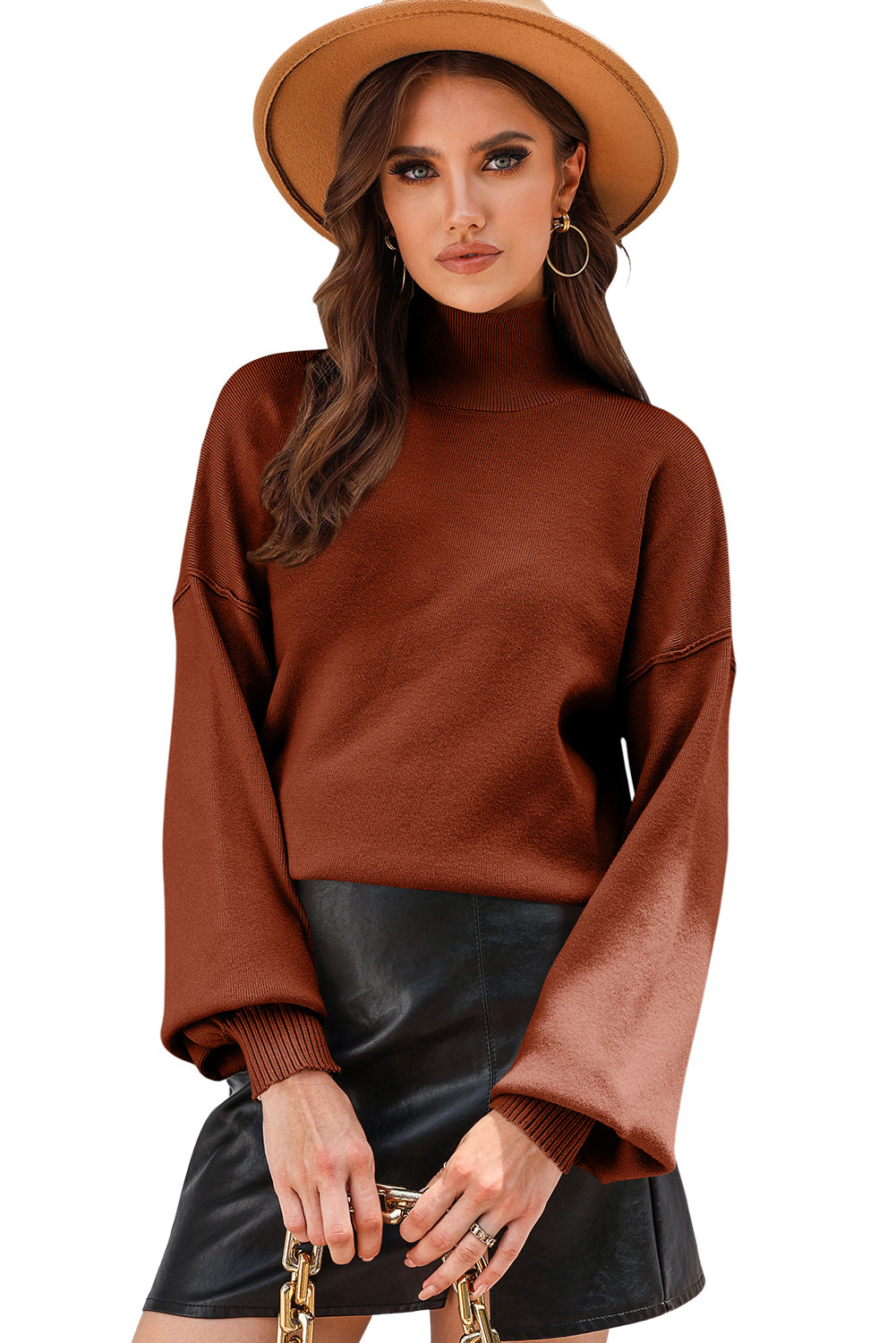 Brown Turtleneck Drop Shoulder Bubble Sleeve Knit Sweater