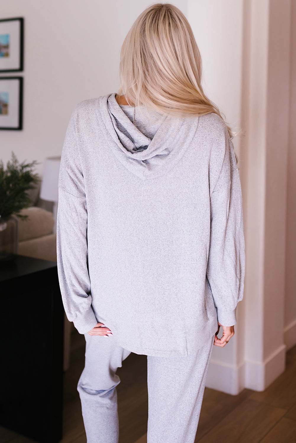 Gray Hooded Drawstring High Waist Two Piece Loungewear