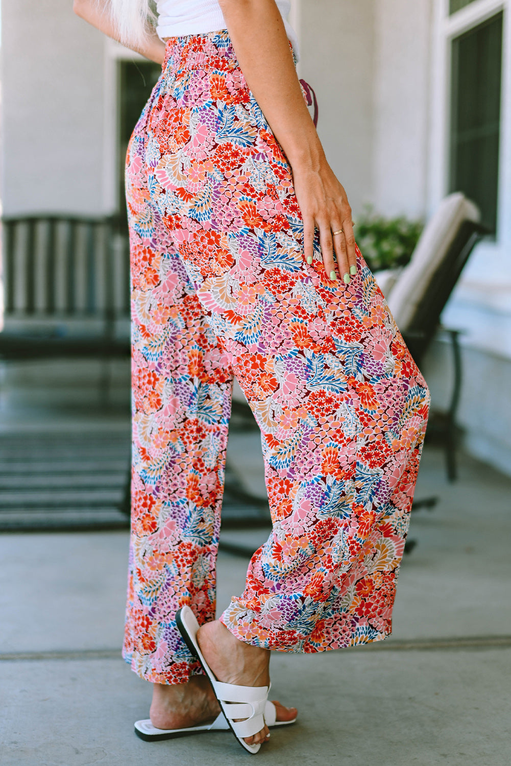 Red Gorgeous Print Drawstring Smocked High Waist Pants