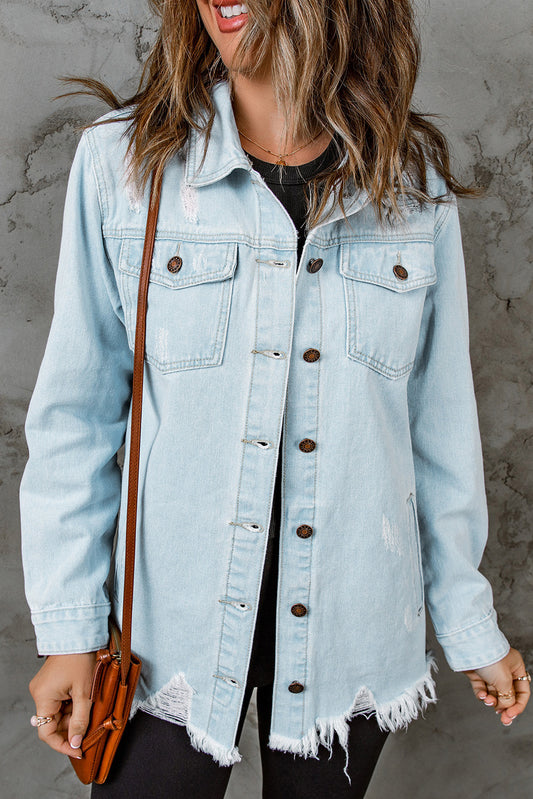 Sky Blue Light Wash Pocketed Distressed Denim Jackets