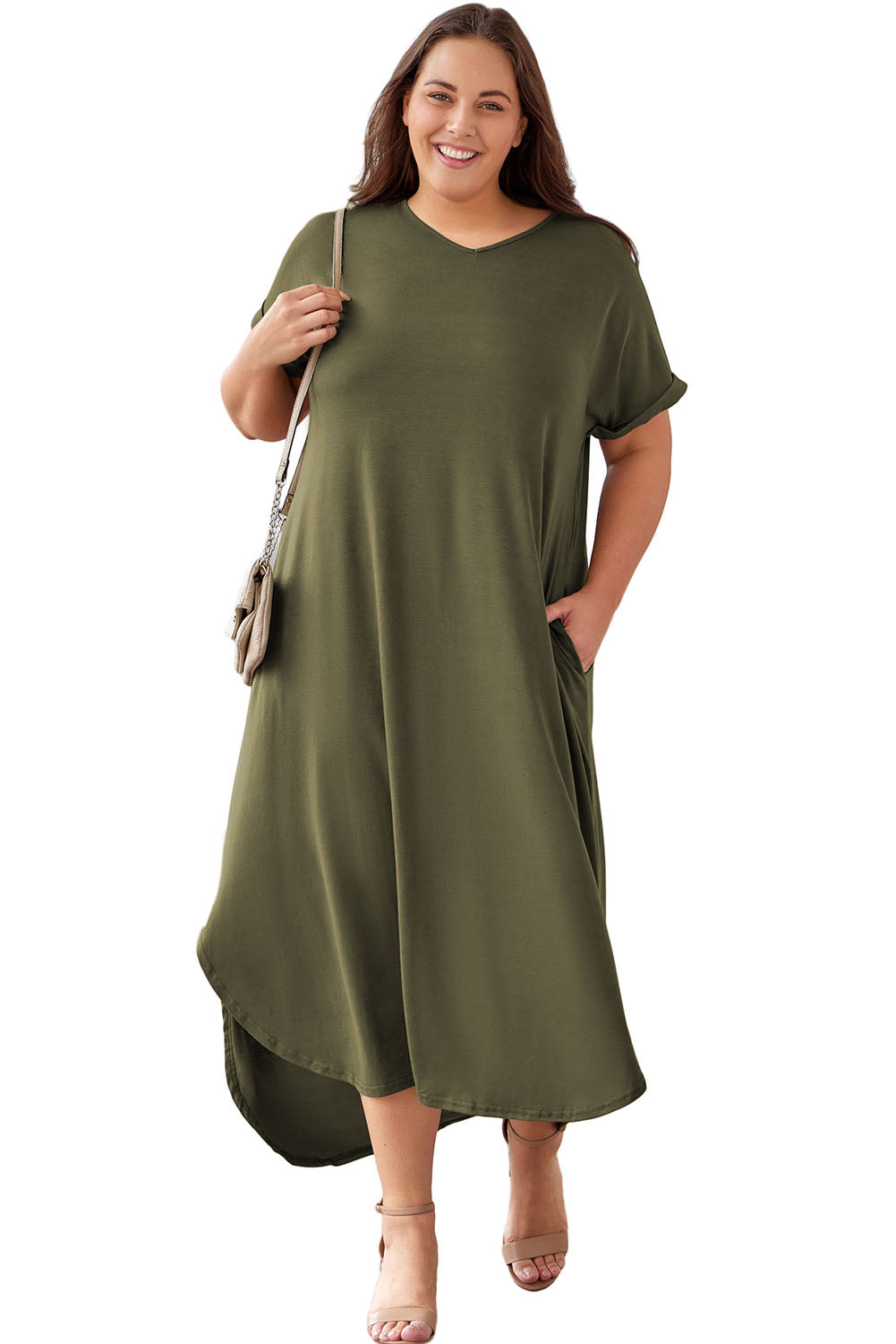 Green Plus Size V Neck Rolled Cuffs Maxi Dress