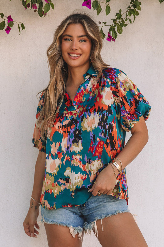 Green Abstract Printed V Neck Bubble Sleeve Blouse