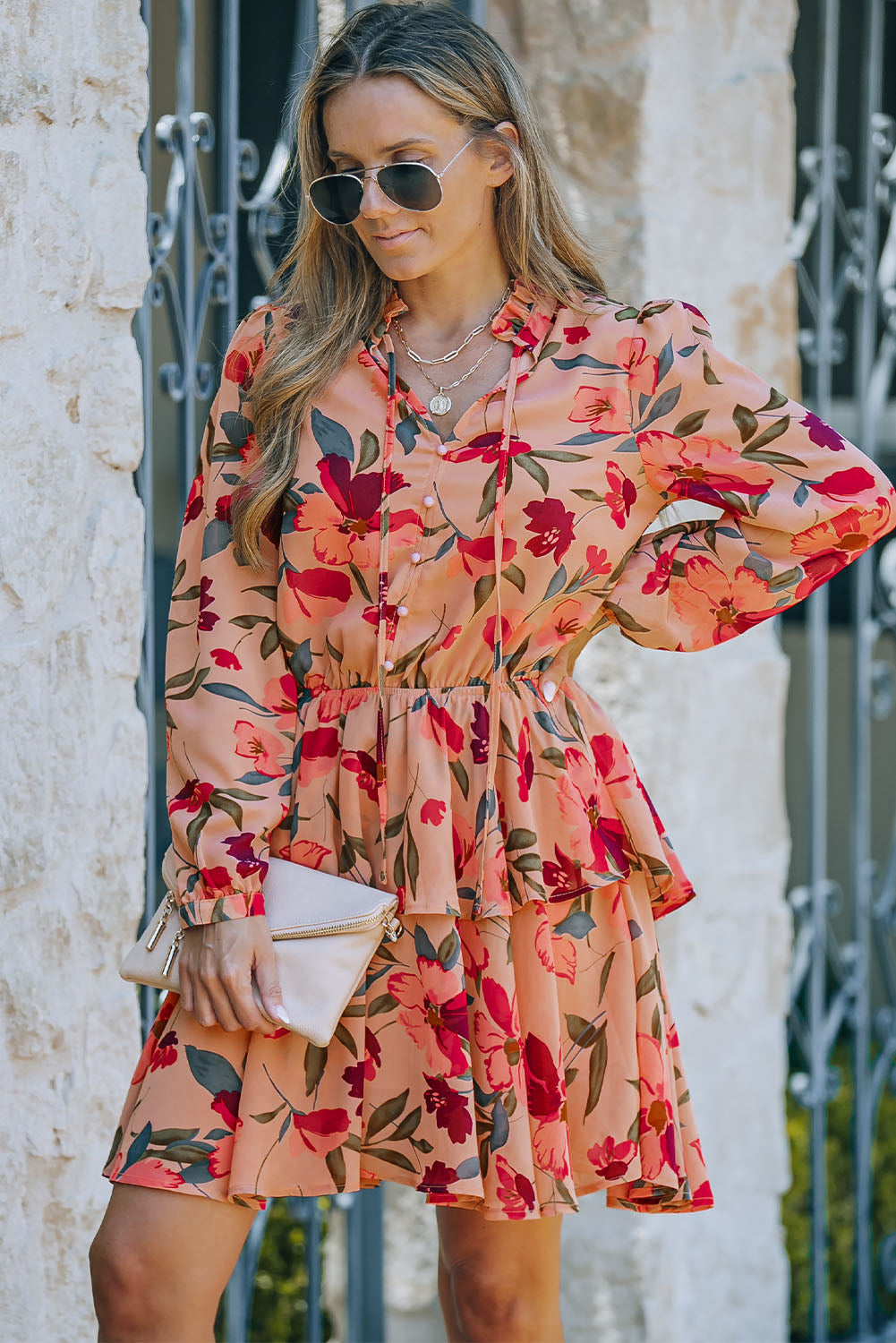 Red Frilled Collar Long Sleeve Floral Dress with Ruffle