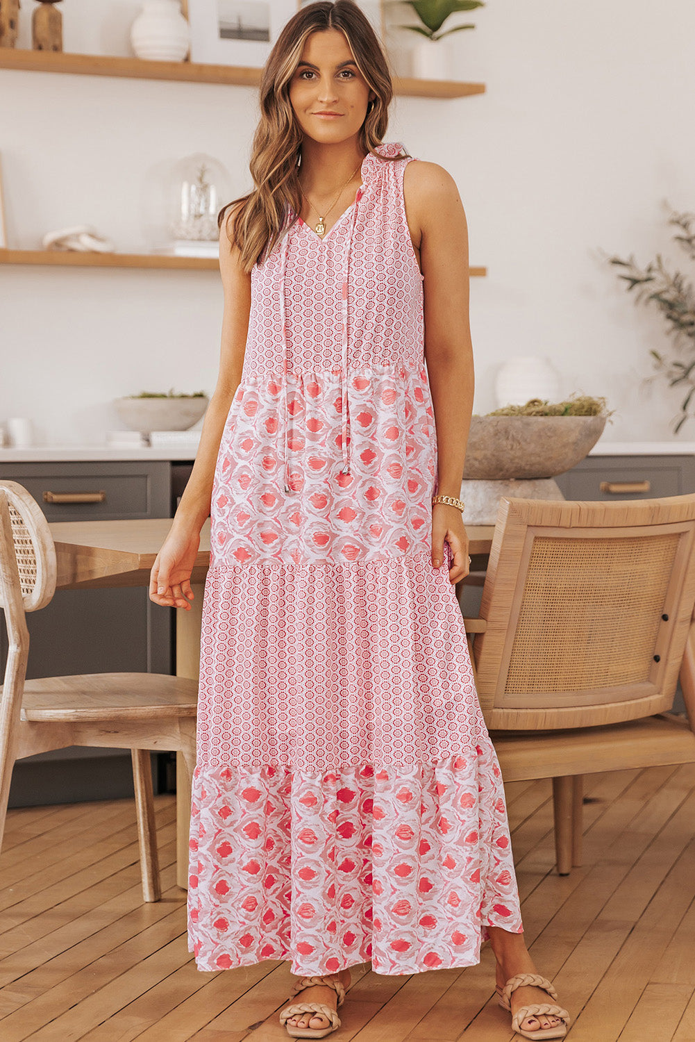 Pink Abstract Print Split Neck Sleeveless Maxi Dress