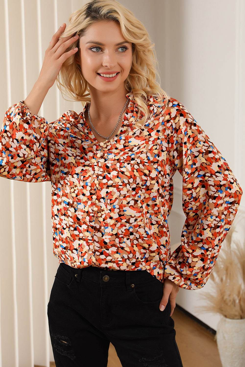 Multicolor Allover Print Split V Neck Bishop Sleeve Blouse